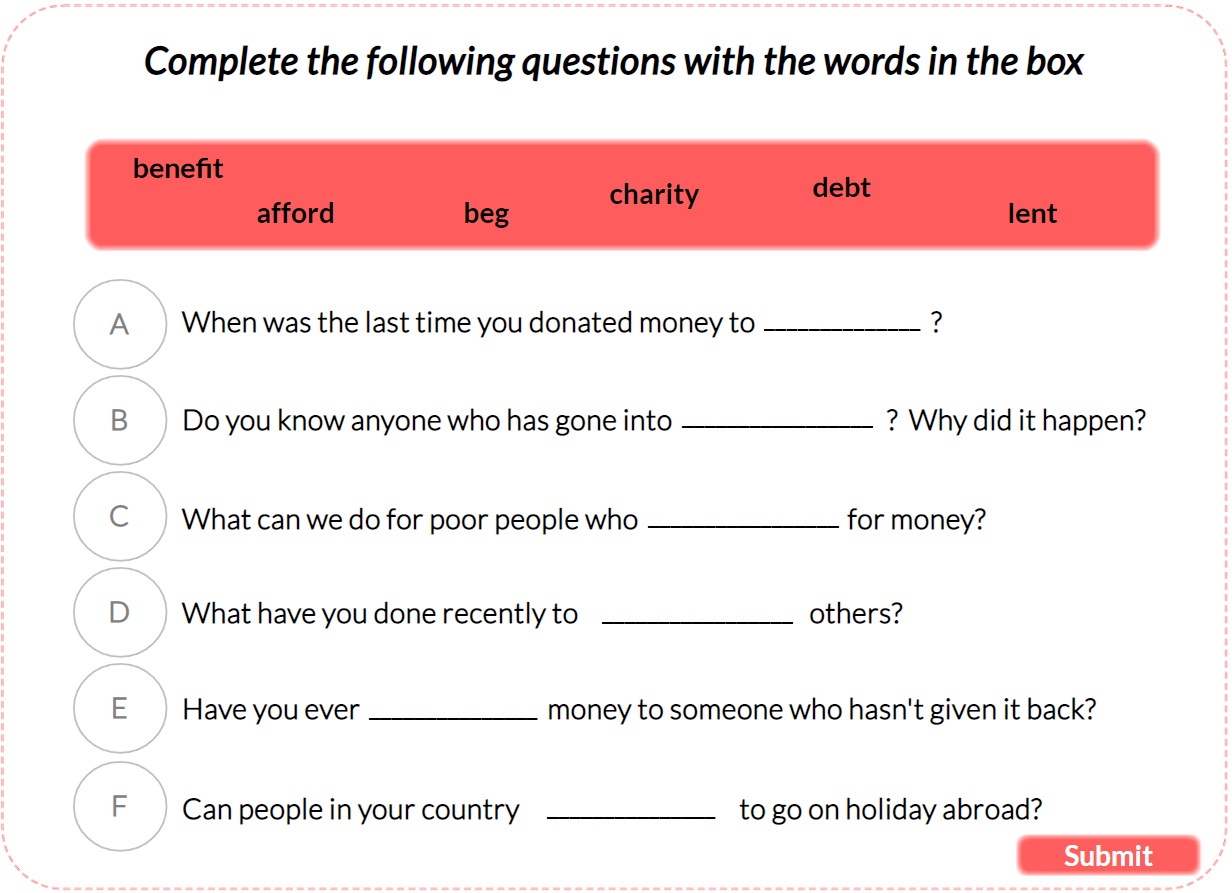 Listening Practice: Complete the questions with the words. Drag and Drop Interactive